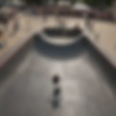 An aerial view of a vibrant skate park filled with skaters performing tricks