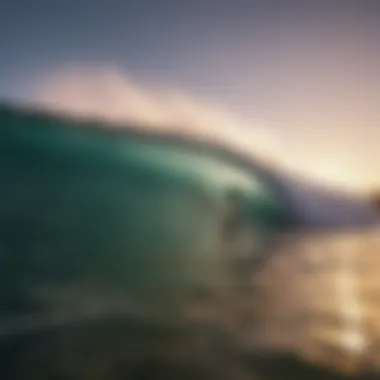 A dynamic scene of surfers catching a massive wave at sunset